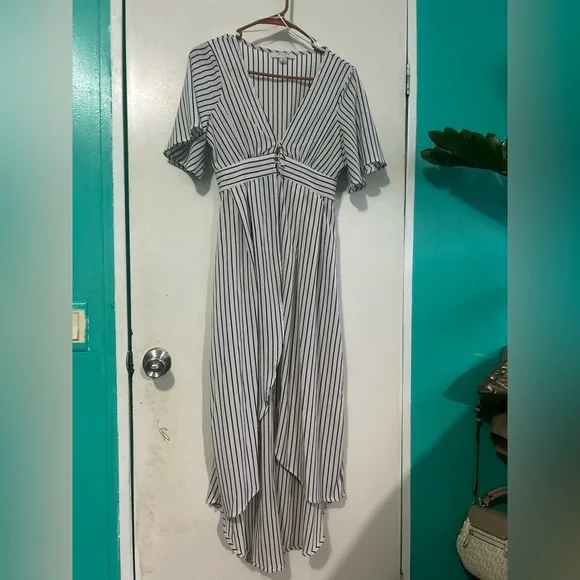 FAVLUX Black and White Striped High Low Dress - Picture 1 of 8